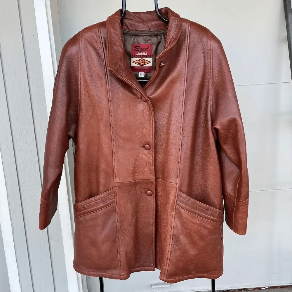 Vintage 70s Reed Sportswear Cognac Leather Coat L–XXL Western Rodeo Boho USA
